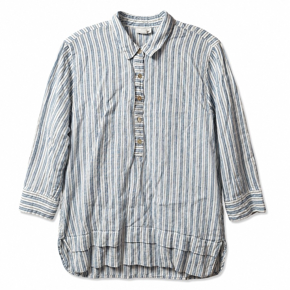 J. JILL Love Linen Popover Tunic Top Sz L/Petite Striped Nautical V-Neck Button